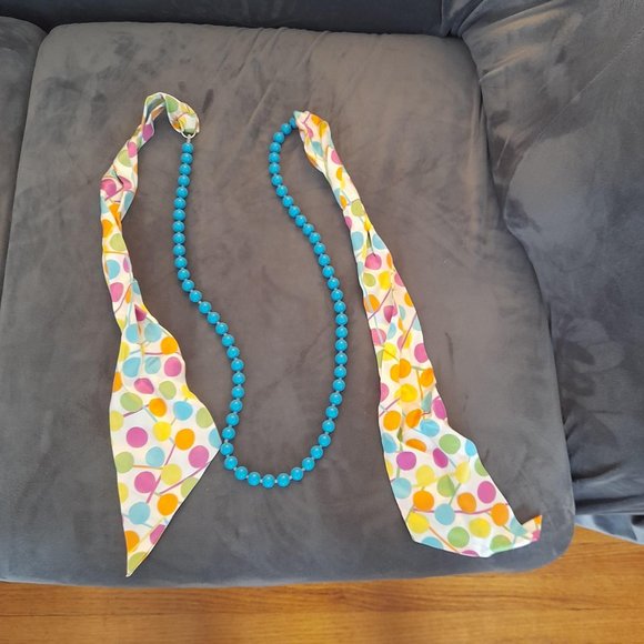 Large Turquoise Bead Necklace with a Colourful Polka Dot Fabric Closure - Picture 2 of 3